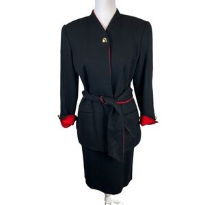 Vintage 1990s Bill Blass Skirt Suit 100% Wool Black Red Waist Sash Lined Size 10